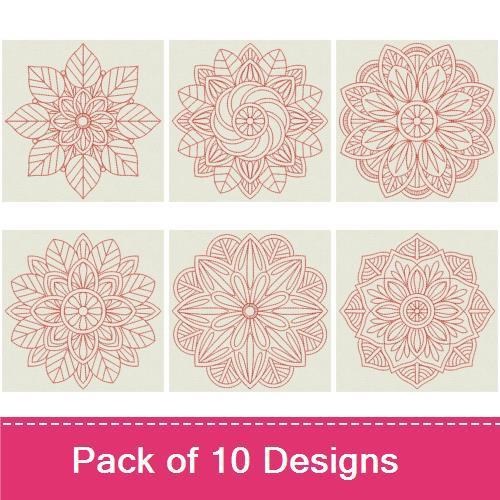 Redwork Mandala Embroidery Designs Bundle – Elegant Floral & Geometric Elements (10 Designs)