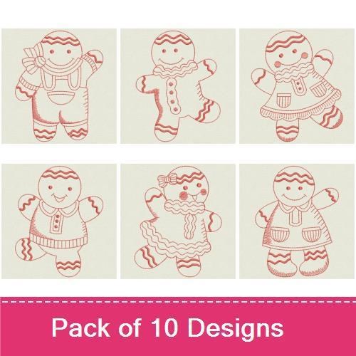 Redwork Gingerbread Characters Embroidery Bundle – Gingerbread Boy with Bow, Gingerbread Girl in Dress & More (10 Designs)
