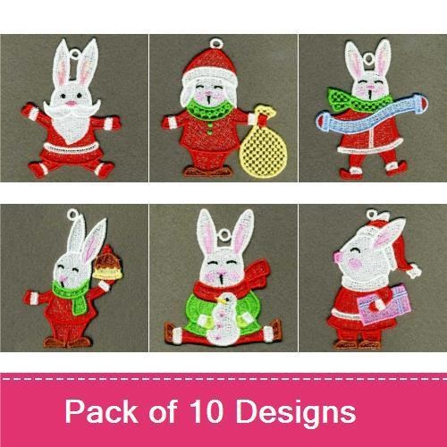 FSL Festive Christmas Bunny Embroidery Bundle – Santa Bunny, Bunny with Gift, Bunny in Red Scarf & More (10 Designs)