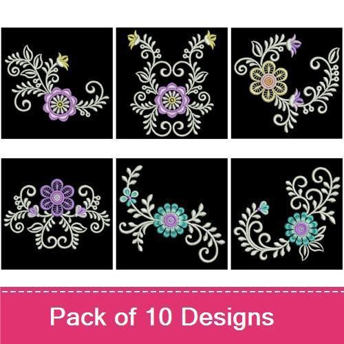 Elegant Floral Embroidery Bundle – Floral Motif with Purple Flower, Decorative Floral Arrangement, & More (10 Designs)