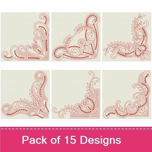 Redwork Corner Embellishments Embroidery Designs Bundle – Ornate Floral, Curly Leaf, Decorative Vine & More (15 Designs)