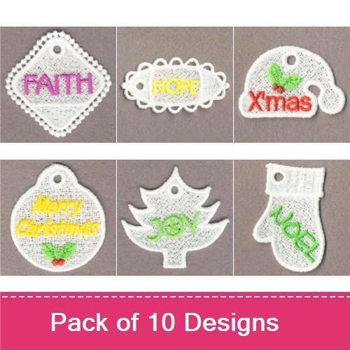 FSL Holiday & Inspirational Lace Embroidery Bundle – Merry Christmas Ornament, Faith Tag, Xmas Tag & More (10 Designs)