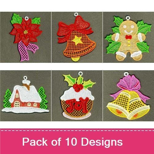 FSL Christmas Ornament Embroidery Bundle – Poinsettia, Gingerbread Man, Christmas Bell & More (10 Designs)
