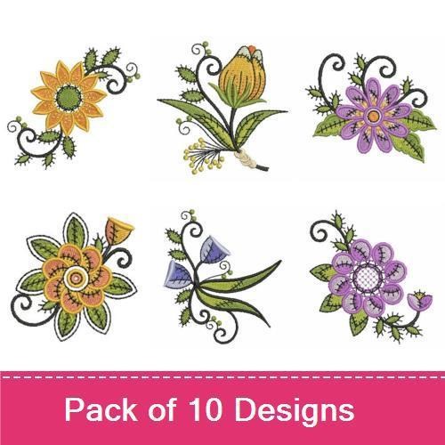 Floral Embroidery Designs Bundle – Sunflower, Tulip, Purple Flower & More (10 Designs)