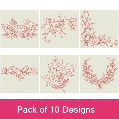 Redwork Autumn Leaves Embroidery Designs Bundle – Maple Leaf Frame, Leafy Heart Design, Autumn Wreath & More (10 Designs)