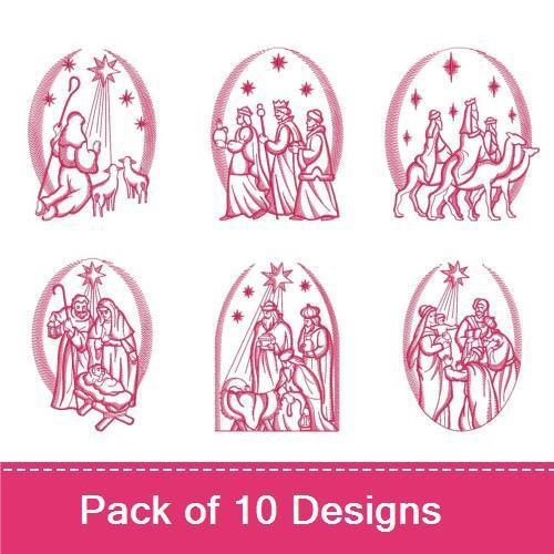 Redwork Nativity Embroidery Bundle – Mary, Joseph, Baby Jesus, Three Wise Men & More (10 Designs)