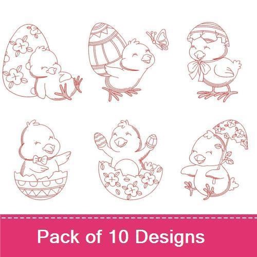 Redwork Easter Chicks Embroidery Bundle – Chick with Bow Tie, Chick in Egg, Chick with Butterfly & More (10 Designs)