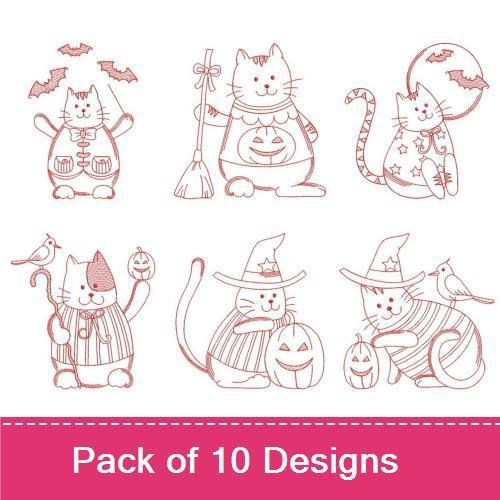 Redwork Halloween Cats Embroidery Bundle – Cat with Pumpkin, Cat in Witch Hat, Cat with Ghosts & More (10 Designs)