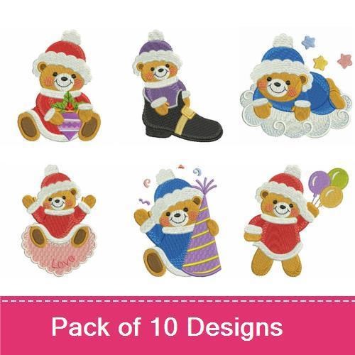 Holiday Bears Embroidery Bundle – Santa Bear, Bear with Gift, Bear in Christmas Sweater & More (10 Designs)