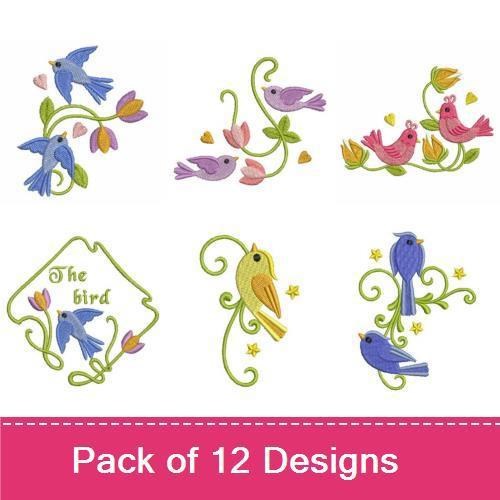 Charming Birds & Floral Embroidery Bundle – Blue Bird, Pink Bird, Floral Vine & More (12 Designs)