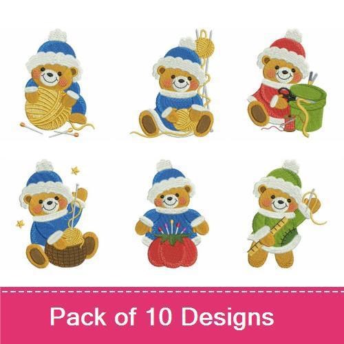 Crafting Bears Embroidery Bundle – Knitting Bear, Bear with Yarn, Bear with Scissors & More (10 Designs)