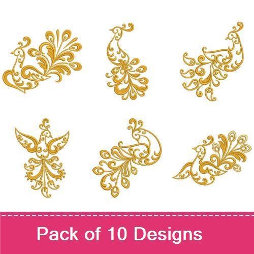 Redwork Elegant Golden Peacock Embroidery Bundle – Peacock with Swirls, Ornate Peacock, Graceful Peacock & More (10 Designs)