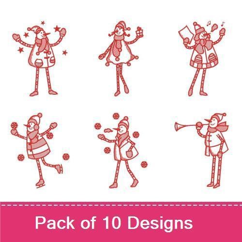 Redwork Cheerful Snowmen Embroidery Designs Bundle – Skating Snowman, Snowman with Hat, Snowman with Bird & More (10 Designs)