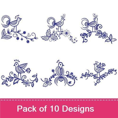 Redwork Folk Art Birds Embroidery Bundle – Bird with Flowers, Bird on Branch, Decorative Bird & More (10 Designs)
