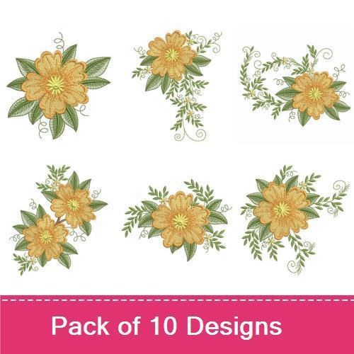 Golden Floral Embroidery Bundle – Gold Floral Arrangement, Single Gold Flower, Floral Accent & More (10 Designs)