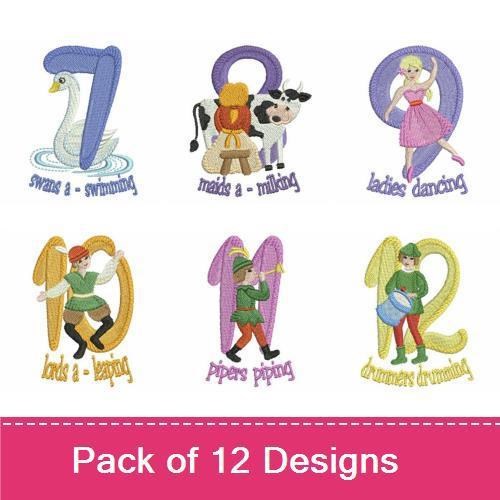 12 Days of Christmas Embroidery Designs Bundle – Partridge in a Pear Tree, Turtle Doves, French Hens & More (12 Designs)