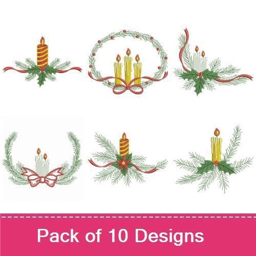 Candle & Wreath Embroidery Designs Bundle – Wreath with Candles, Holly and Ribbon Arrangement & More (10 Designs)