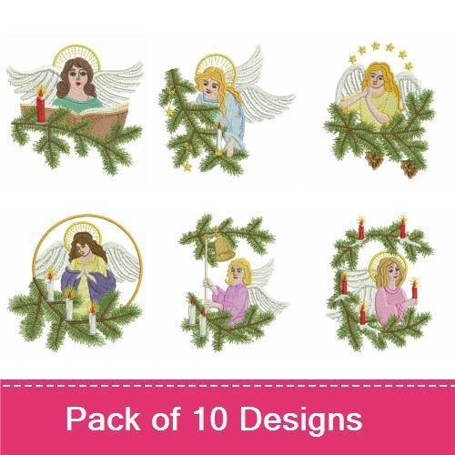 Christmas Angels Embroidery Designs Bundle – Angel with Candles, Angel with Pine, Angel in Star & More (10 Designs)
