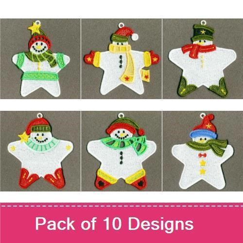 FSL Snowman Star Ornaments Embroidery Designs Bundle – Green Scarf, Red Hat, Orange Carrot Nose & More (10 Designs)