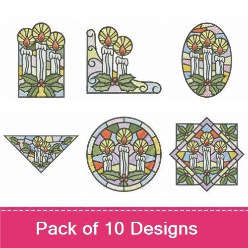 Stained Glass Candle Embroidery Bundle – Three Flames, Gift, Holly & More (10 Designs)