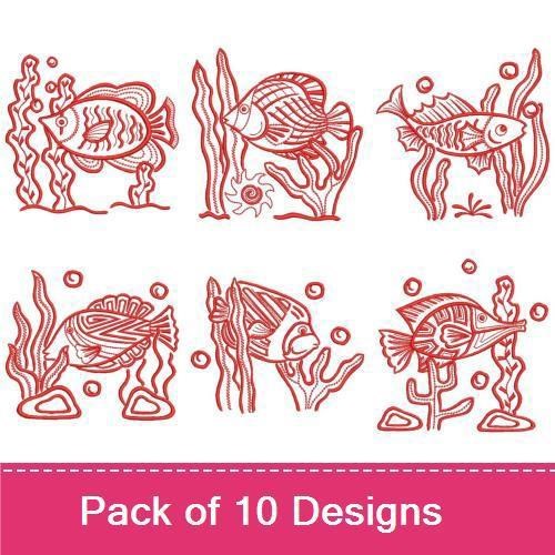 Redwork Tropical Fish Embroidery Bundle – Coral, Underwater Plants & More (10 Designs)