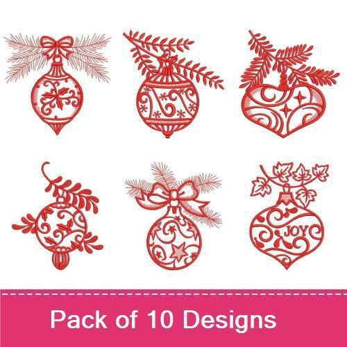 Redwork Christmas Ornament Embroidery Bundle – Holly & Bow Ornament, Pinecone Ornament, Ghosted Ornament & More (10 Designs)
