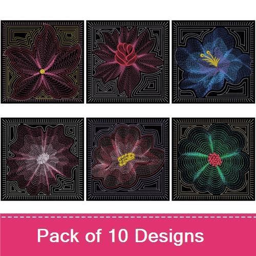 Rippled Elegant Floral Embroidery Designs Bundle – Blue, Pink, Red, Purple & More (10 Designs)