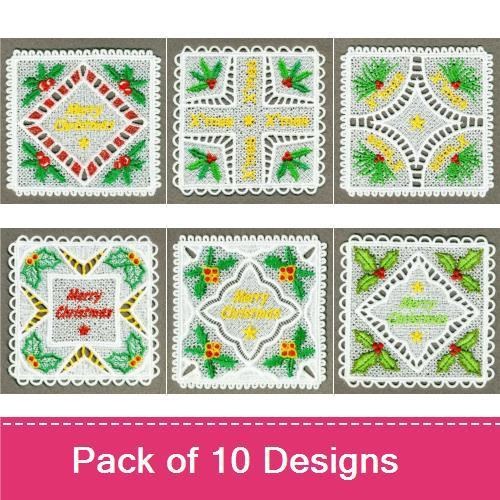 FSL Christmas Lace Embroidery Bundle – Holiday Lace Square, Snowflake Lace Square, Merry Christmas Lace Square & More (10 Designs)