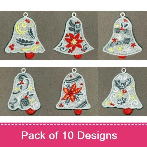 FSL Festive Holiday Bells Embroidery Bundle – Bell with Red Flower, Bell with Silver Swirls, Bell with Poinsettia & More (10 Designs)