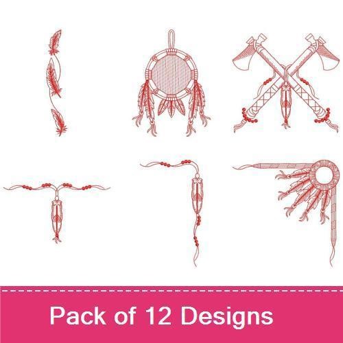 Redwork Native Feather & Dreamcatcher Embroidery Designs Bundle – Dreamcatcher with Feathers, Feather Design 1, Ornamental Swirl 1 & More (12 Designs)