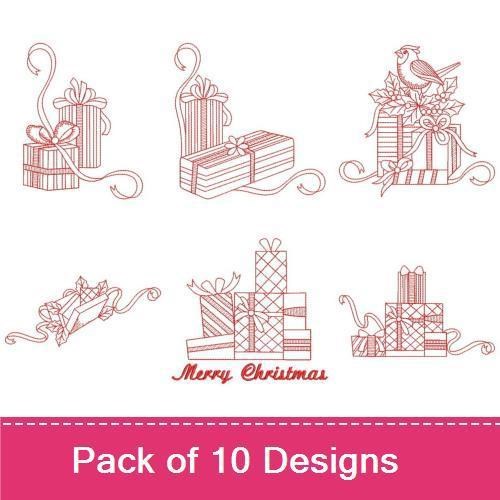 Redwork Christmas Gift Embroidery Designs Bundle – Cardinal on Gift, Gift Stack with Ribbon, Pinecone and Gift & More (10 Designs)