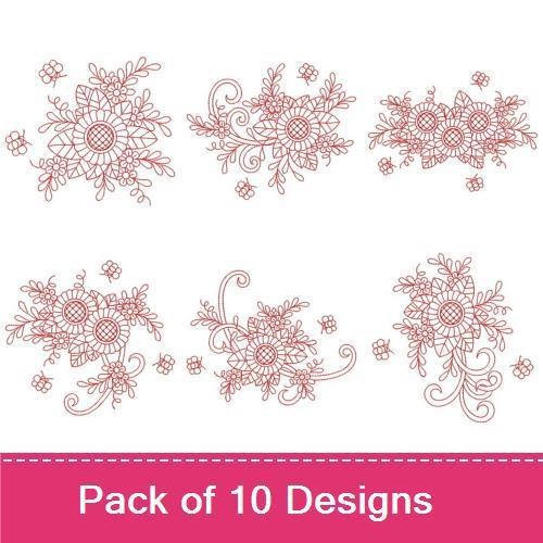 Redwork Floral Embroidery Bundle – Floral Wreath, Ornamental Floral Cluster, Intricate Floral Vine & More (10 Designs)