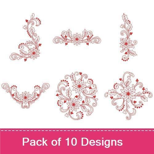 Redwork Elegant Floral Embroidery Bundle – Floral Mandala, Poinsettia Design, Scrolling Vine & More (10 Designs)