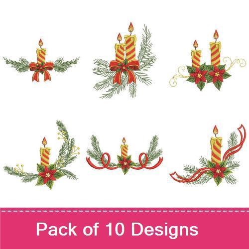 Festive Candle Arrangements Embroidery Designs Bundle – Candle with Pine and Bow, Single Candle with Poinsettia & More (10 Designs)