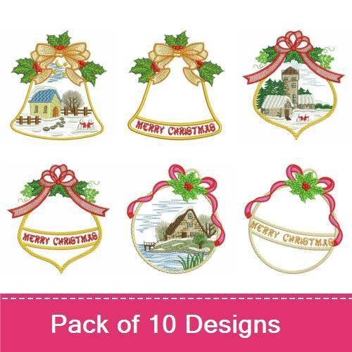 Christmas Bell Ornament Embroidery Bundle – Snowy Scene, Farmhouse, House & Trees, Winter Landscape & More (10 Designs)