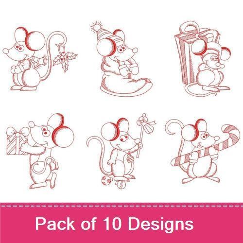 Redwork Festive Mice Embroidery Bundle – Mouse with Gift, Mouse with Candy Cane, Mouse with Ornament & More (10 Designs)