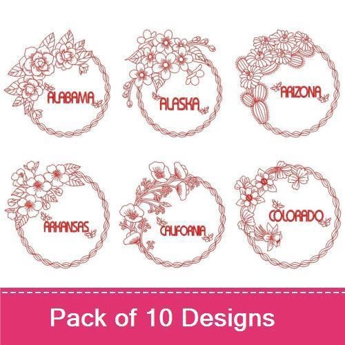 Redwork Floral State Wreaths Embroidery Designs Bundle – Alabama, Arizona, Arkansas & More (10 Designs)