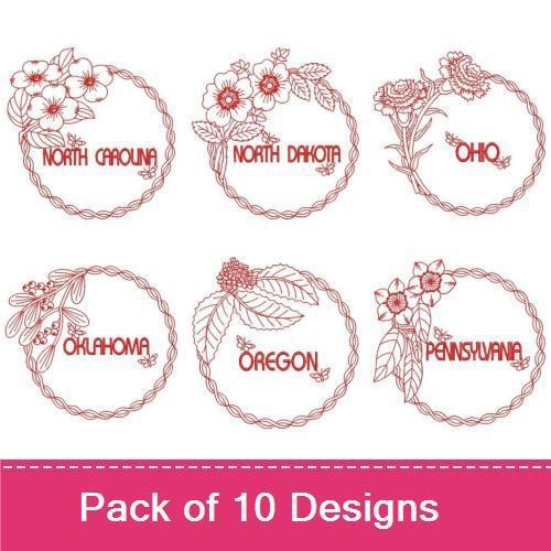 Redwork Floral State Names Embroidery Bundle – New York, California, Texas & More (10 Designs)