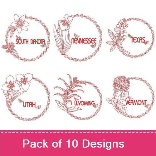 Redwork State Floral Embroidery Designs Bundle – South Dakota, Tennessee, Texas & More (10 Designs)