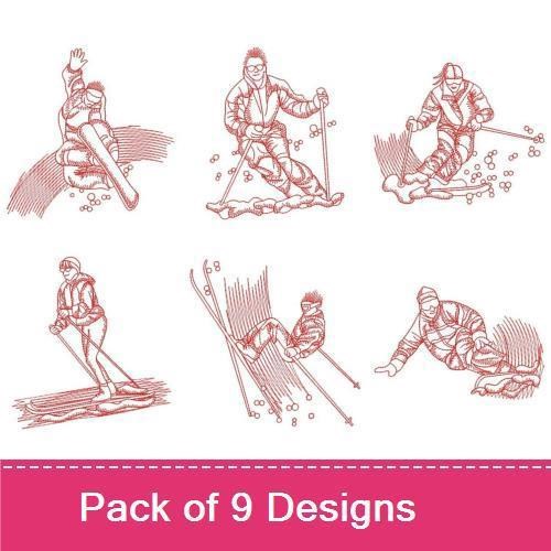 Redwork Winter Ski & Snowboard Embroidery Designs Bundle – Snowboarder, Skier Jumping, Skiing Action & More (9 Designs)