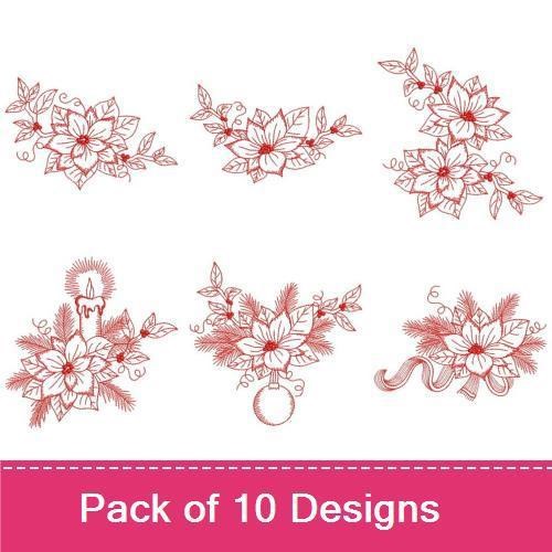 Redwork Poinsettia Christmas Embroidery Designs Bundle – Poinsettia with Candle, Wreath, Arrangement & More (10 Designs)