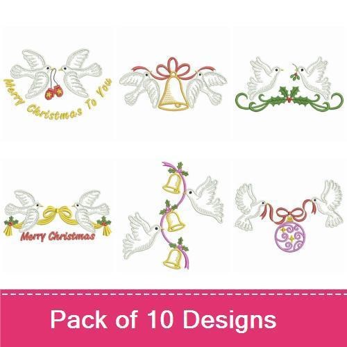 Christmas Doves Embroidery Designs Bundle – Doves with Bells, Merry Christmas Ribbon, & More (10 Designs)