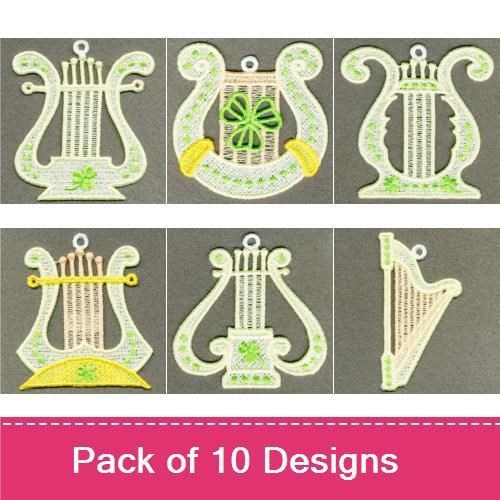 FSL St. Patrick's Day Harp Embroidery Bundle – Harp with Shamrock, Harp Ornament, Lacy Harp & More (10 Designs)