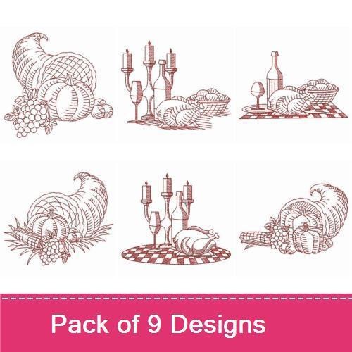 Redwork Thanksgiving Harvest Embroidery Designs Bundle – Cornucopia, Pumpkin Arrangement, Candle Holders & More (9 Designs)