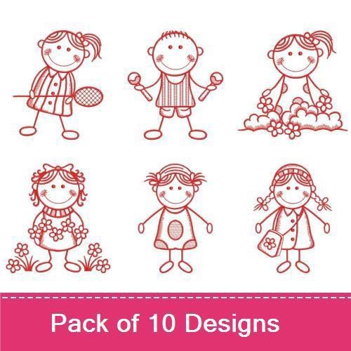 Redwork Cute Kids Activities Embroidery Designs Bundle – Girl with Tennis Racket, Boy with Hat, Girl with Balloon & More (10 Designs)