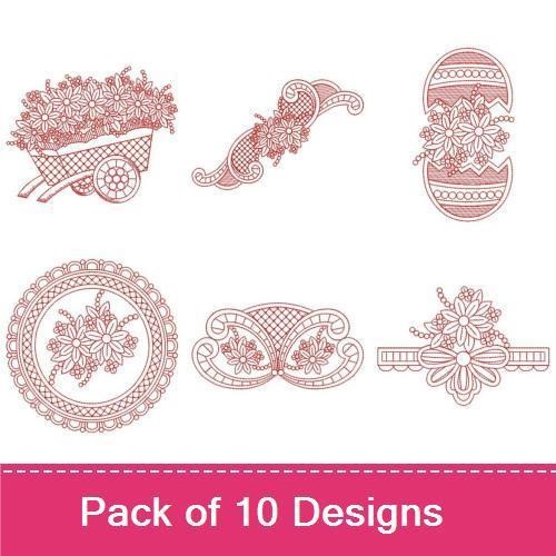 Redwork Vintage Floral Embroidery Designs Bundle – Flower Cart, Decorative Egg, Floral Wreath & More (10 Designs)