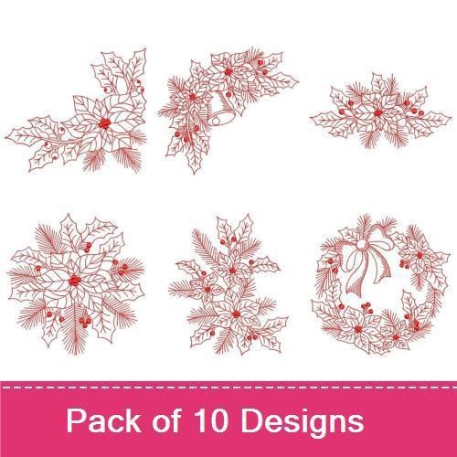 Redwork Christmas Foliage Embroidery Designs Bundle – Wreath, Holly, Poinsettia & More (10 Designs)