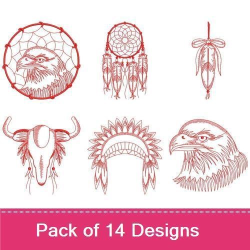 Redwork Boho Feather & Dreamcatcher Embroidery Designs Bundle – Dreamcatcher, Feather with Beads, Owl Face & More (14 Designs)