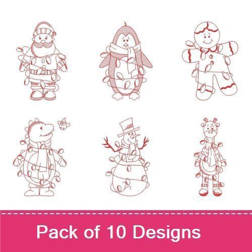 Redwork Christmas Characters Embroidery Designs Bundle – Santa with Lights, Penguin with Gift, Gingerbread Man & More (10 Designs)