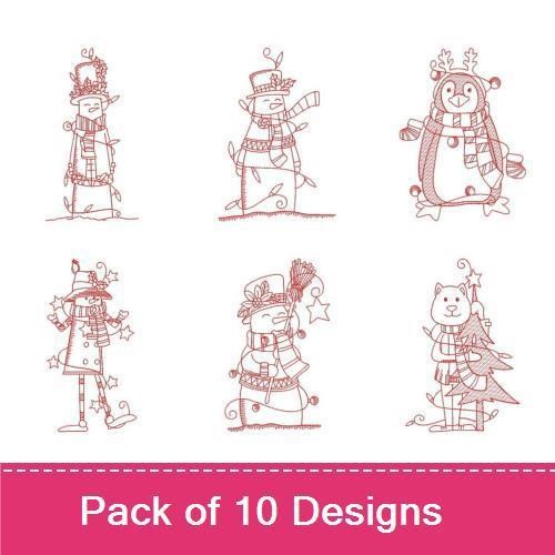 Redwork Winter Characters Embroidery Designs Bundle – Penguin, Snowman, Santa Claus & More (10 Designs)